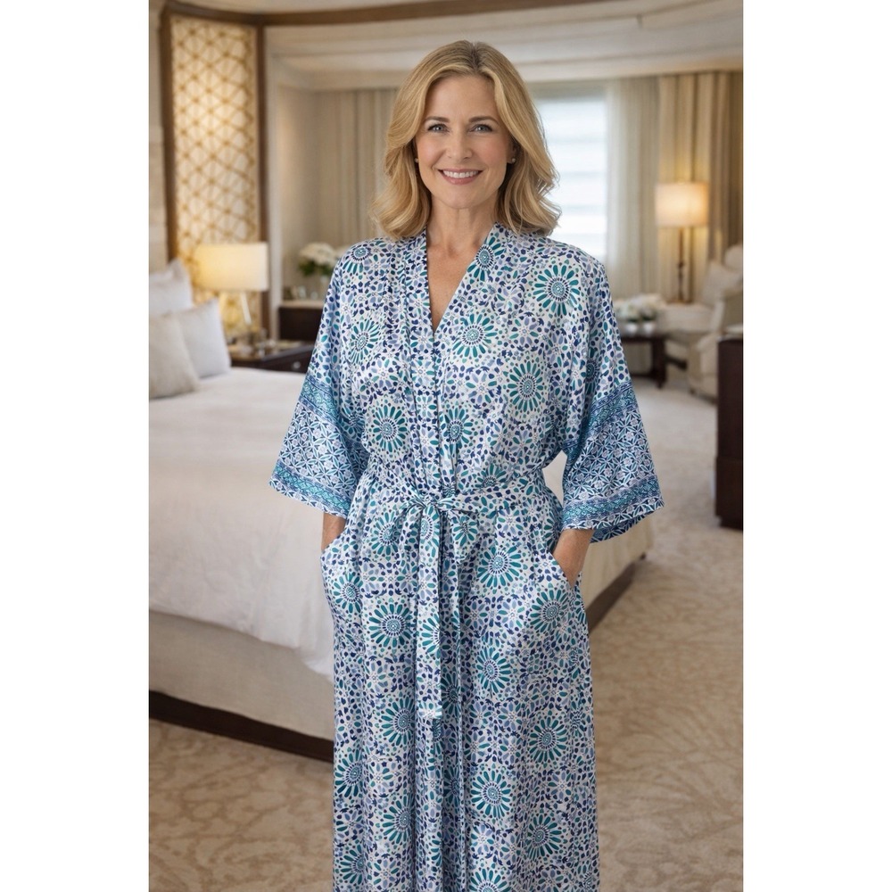 Jones New York Silky Robe Blue Green Geometric Long Sleeve attached Belt S/M